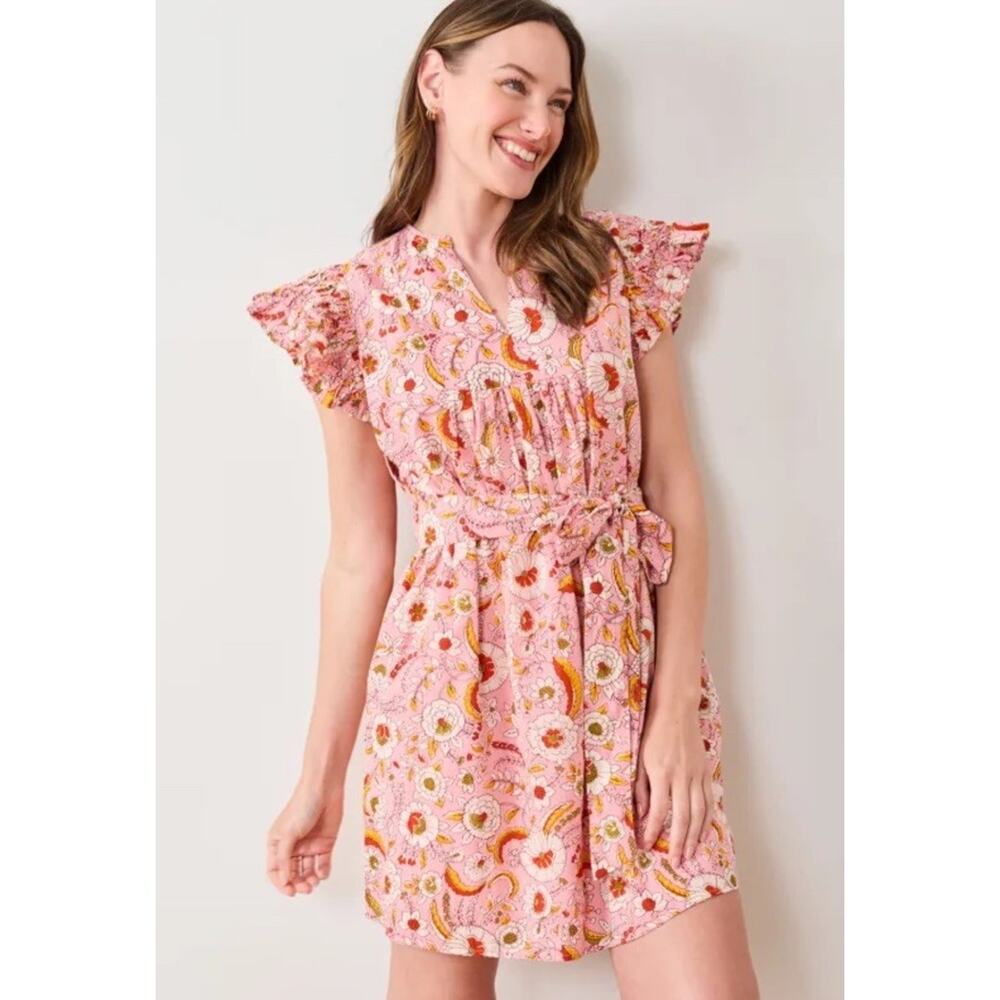 NWT Printfresh Organic Cotton Pink Floral Mini Dress Belted Boho XS